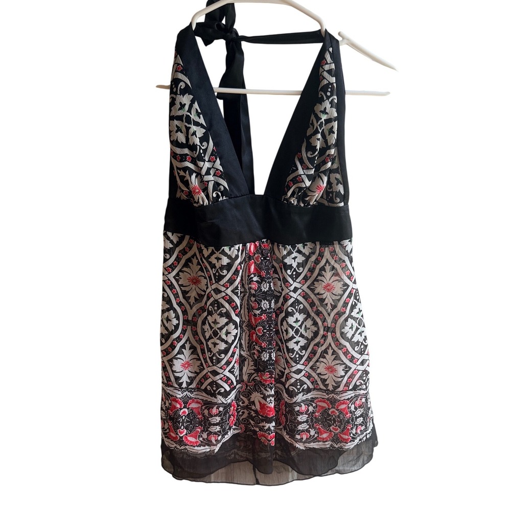 Womens Black White Red Floral Medallion Halter Neck Babydoll Top Boho Sleeveless